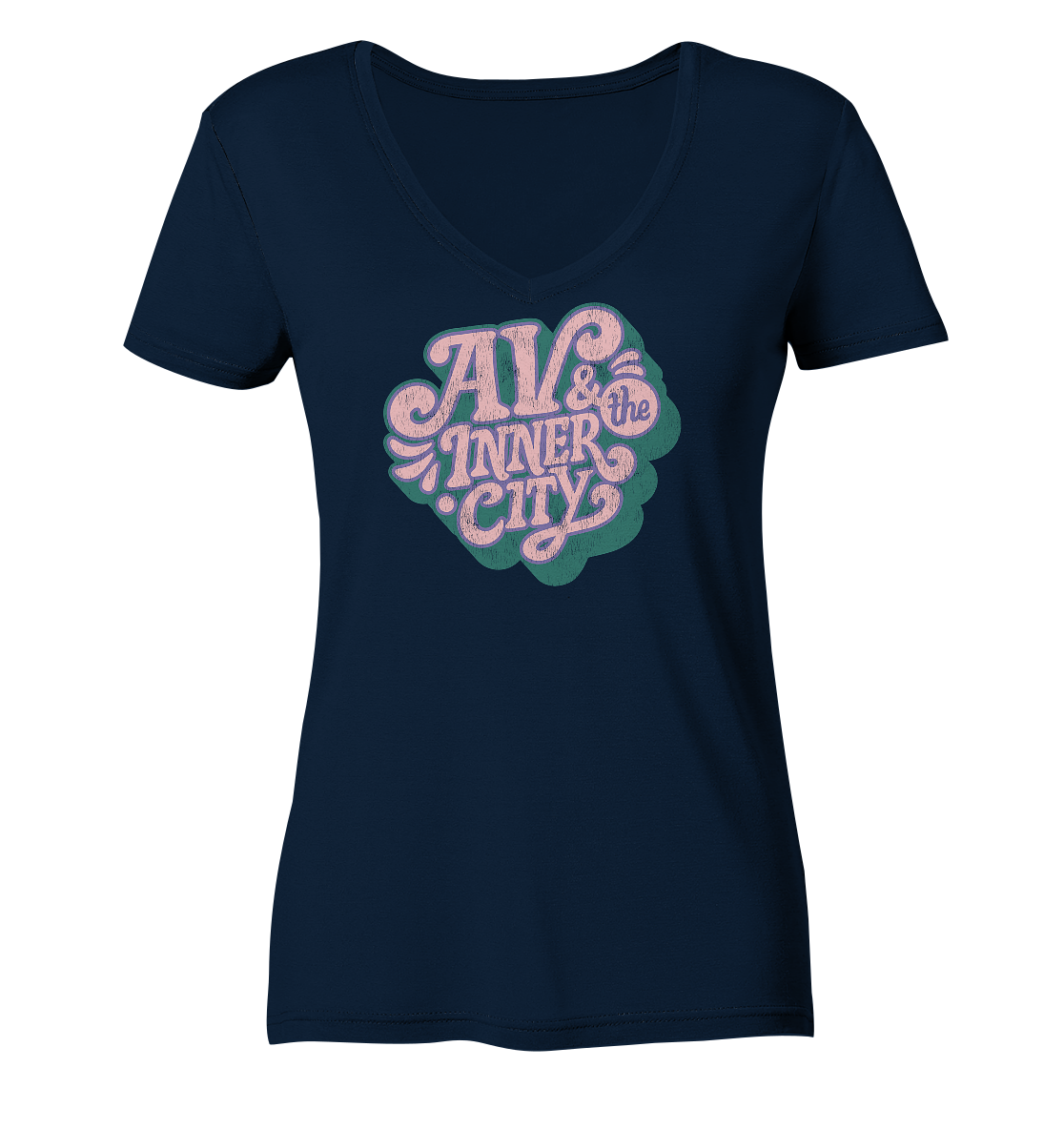 AV & the Inner City / Organic V-neck with Green and Pink Logo