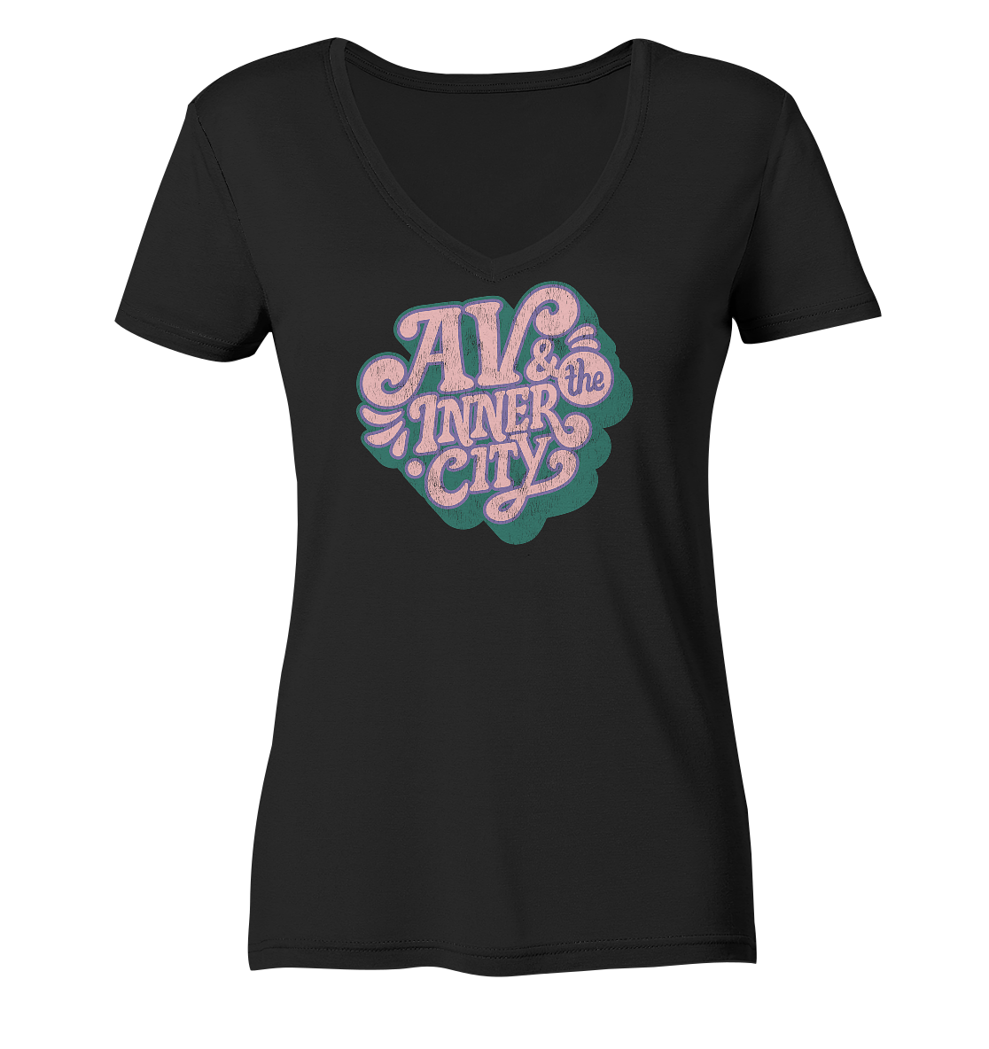 AV & the Inner City / Organic V-neck with Green and Pink Logo