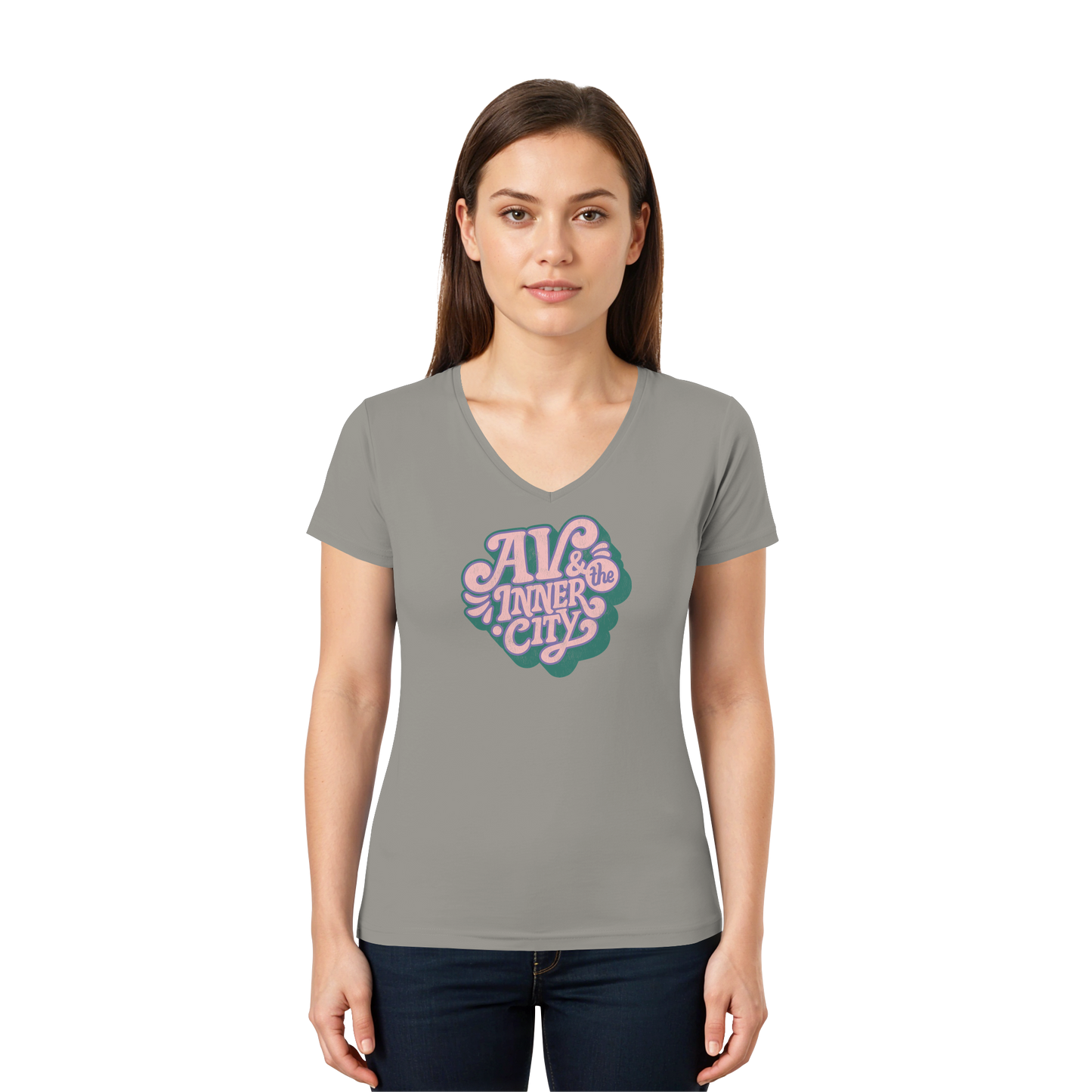 AV & the Inner City / Ladies V-Neck Shirt / Print Green - Ladies V-Neck Shirt