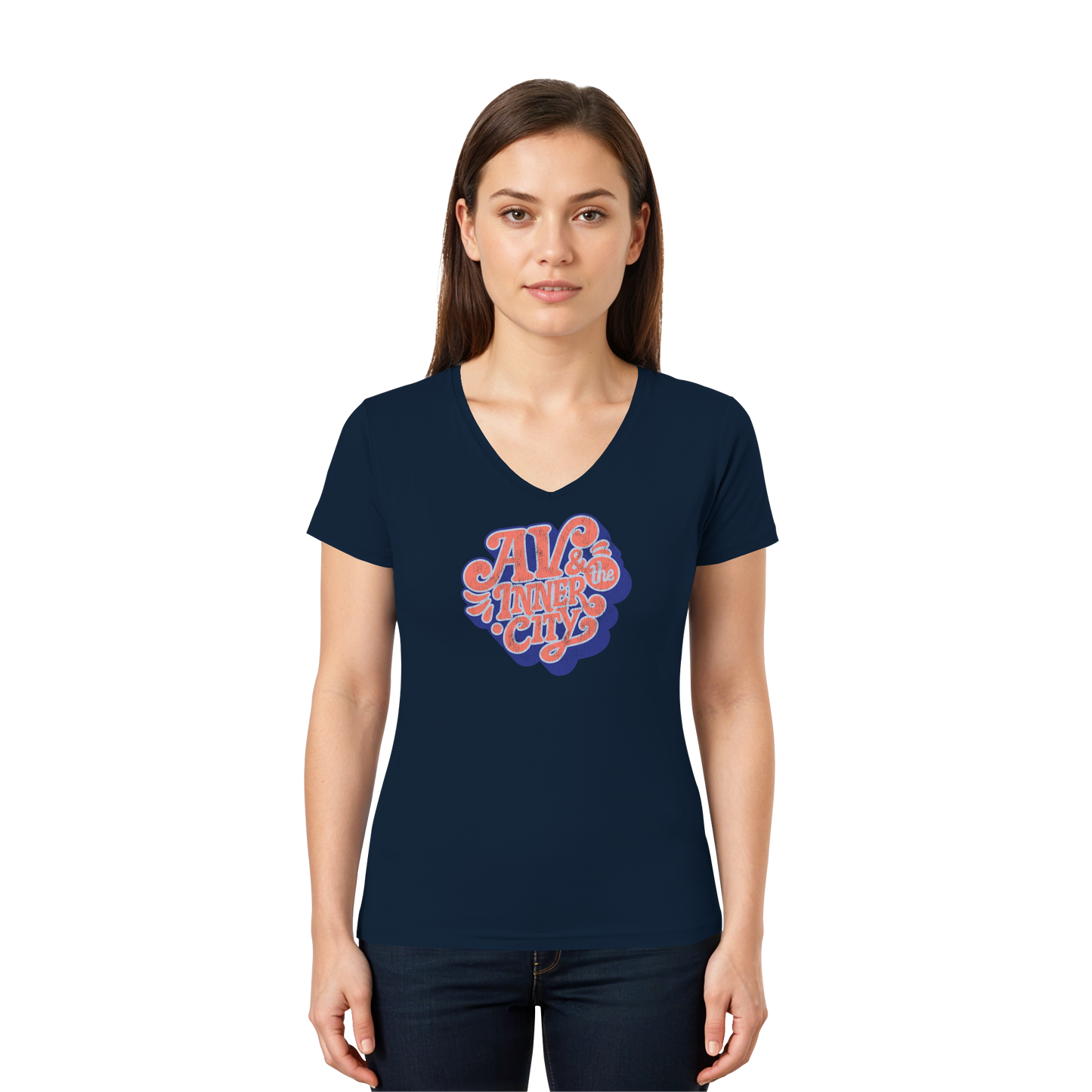 AV & the Inner City / Ladies V-Neck Shirt / Print Blue - Ladies V-Neck Shirt