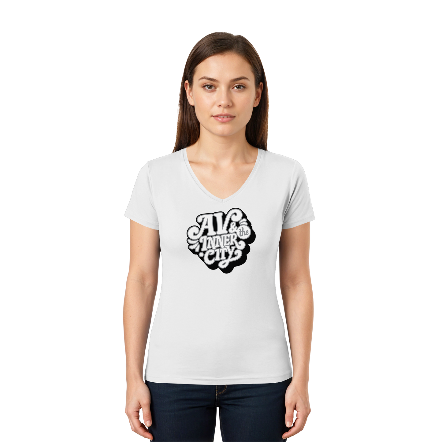 AV & the Inner City / Ladies V-Neck Shirt / Print Black - Ladies V-Neck Shirt