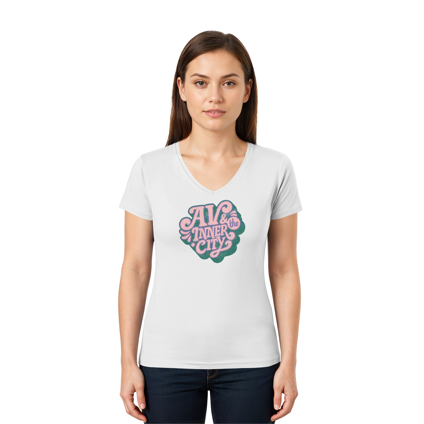 AV & the Inner City / Ladies V-Neck Shirt / Print Green - Ladies V-Neck Shirt